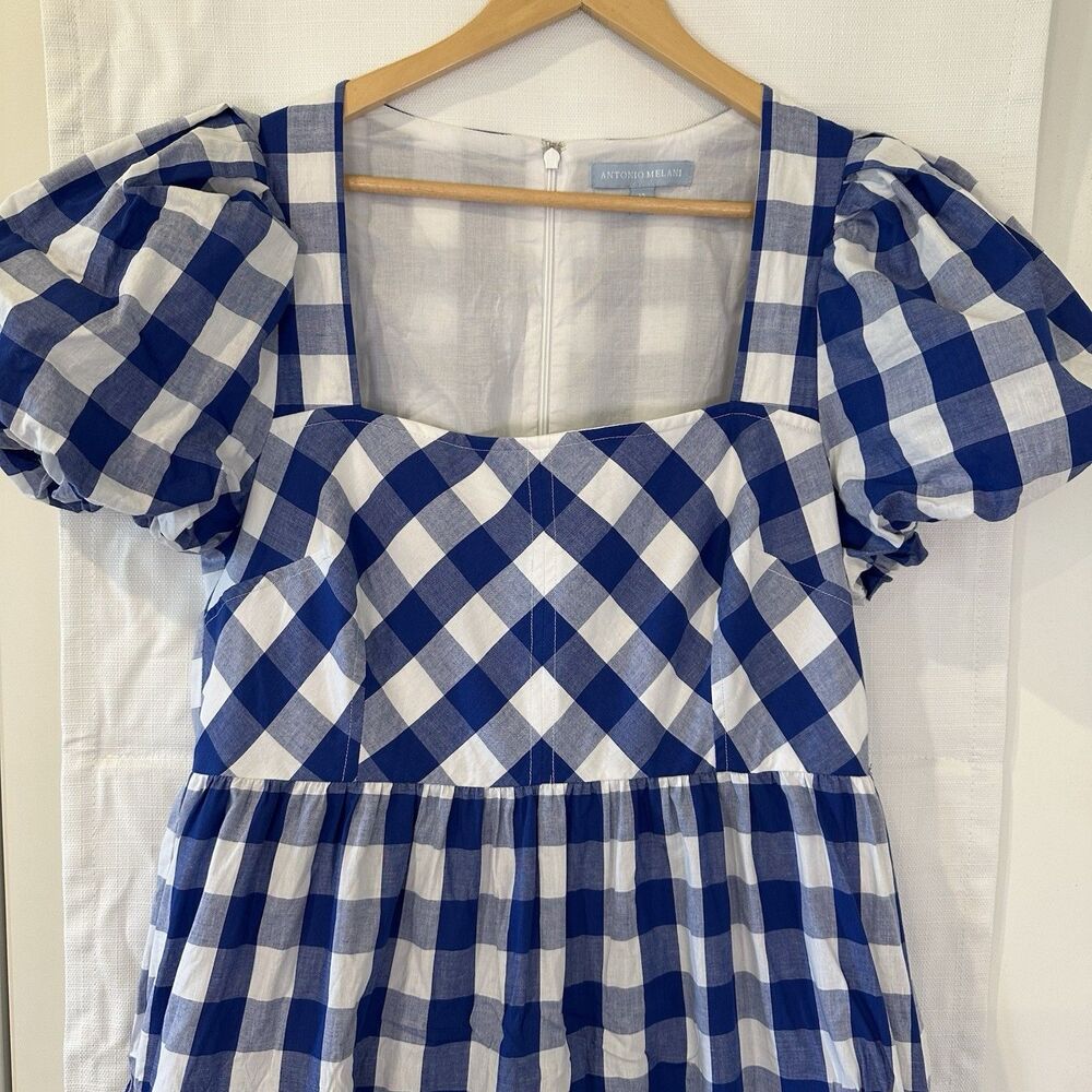 Antonio Melani Dress Women’s Size 12 Blue Gingham Midi Lined Cottagecore Dorothy - Picture 2 of 14